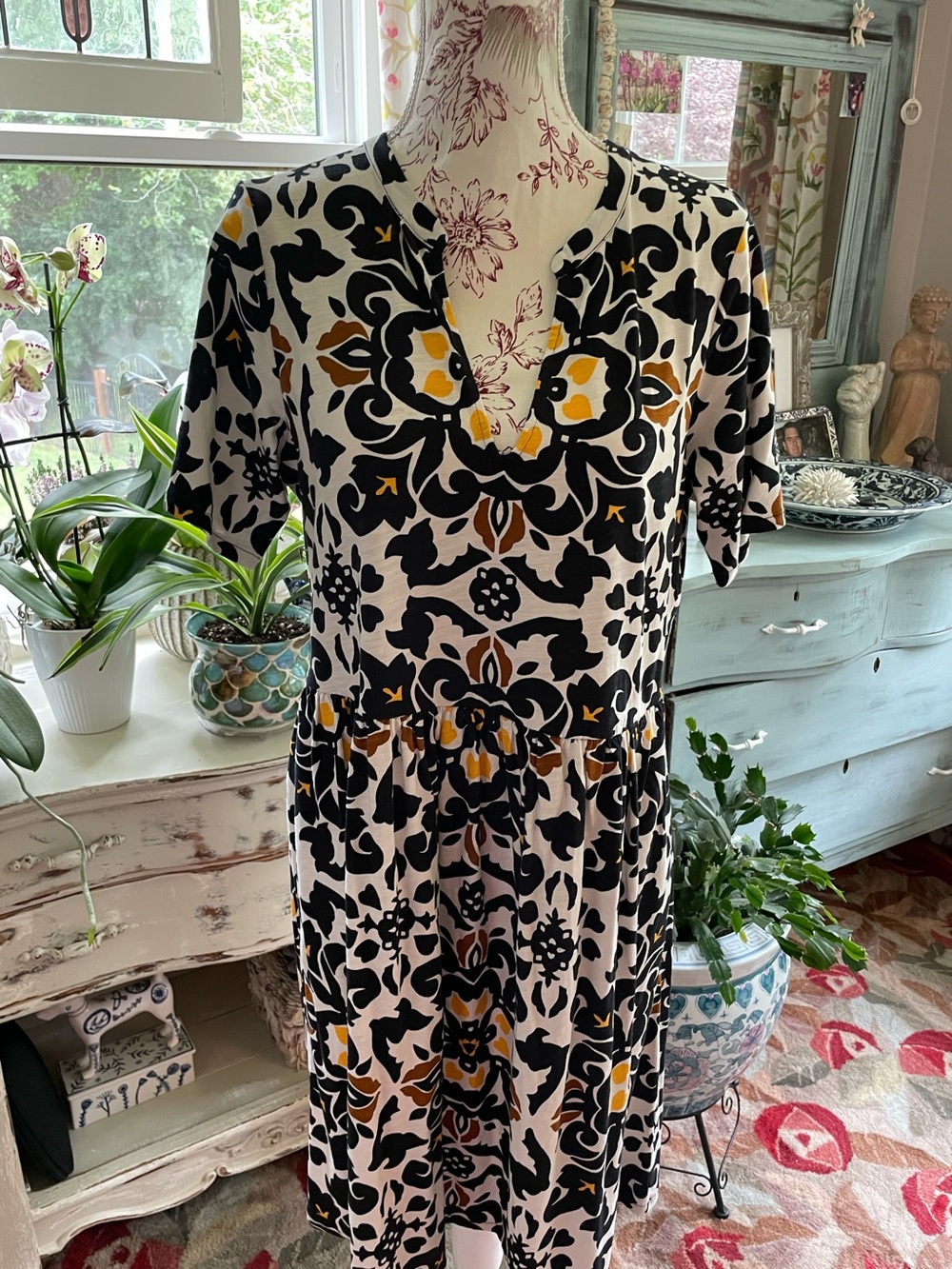 Boden dress. Black and White Floral-Pattern V-Neck Dress with Mustard Accents